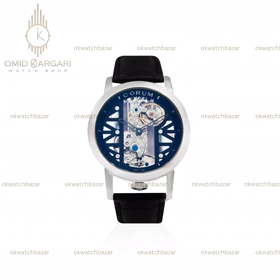 ساعت مچی کروم صفحه اسکلتون بند چرمی مشکی Corum