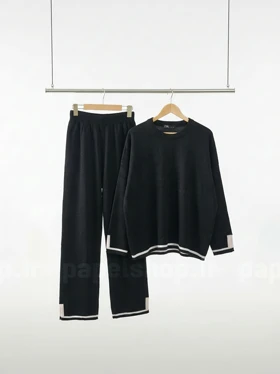 ست مشکی بافت یقه گرد و شلوار بگ طرح پایین خط