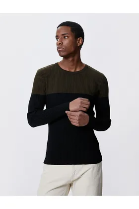 لباس بافتنی پایه ژاکت خدمه رنگ بلوک Slim Fit 4WAM70020HT