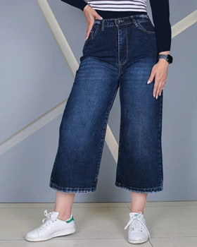 شلوار جین واید لگ آبی تیره زنانه کمرکش قد 84 مدل Wide Leg کد 80500