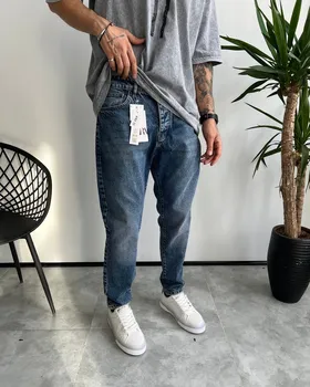شلوار مام فیت ابی تیره ساده ZARA