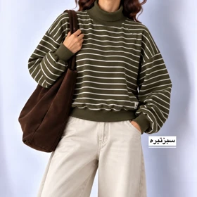 دورس زنانه یقه‌اسکی راه راه مدل 1610 (سبزتیره)
