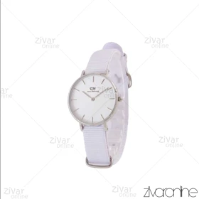 ساعت دنیل ولینگتون زنانه قاب سیلور صفحه سفید بند برزنتی 104985