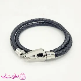 دستبند مردانه نیمانی چرم و استیل دو ردیفه