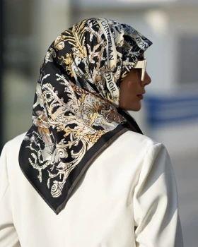 روسری ابریشم توییل دوردستدوز (قواره صد) 30172 (مشکی سرمه ای)