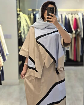 ست شومیز و دامن زنانه چرم دوزی رنگ ترکیبی کرم یخی لینن وارداتی 7136