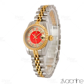 ساعت رولکس دیت جاست زنانه دور نگین صفحه قرمز اعداد یونانی 105108