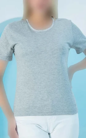 تیشرت زنانه یقه گیپور ساده طوسی ملانژ بلکس (نیکوتن پوش)