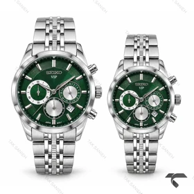 ساعت سیکو VIP ست سه موتوره کرنوگراف سیلور صفحه سبز Seiko-11453-S