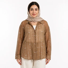 شومیز شاین شیشه ای دوتیکه کراپ دار (شکلاتی،طرح alo)وارداتی