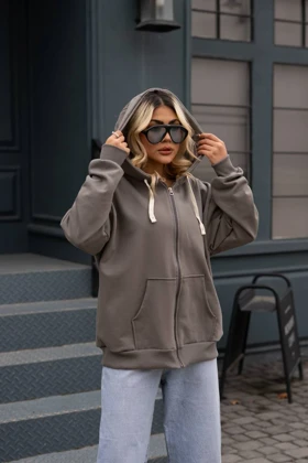 سویشرت زنانه زیپ‌دار دورس داخل کرک کلاه‌دار