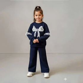 بلوز شلوار دخترانه پاپیون توری نیم بگ