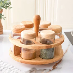 استند ادویه چوبی تخت گردان شیشه ساده