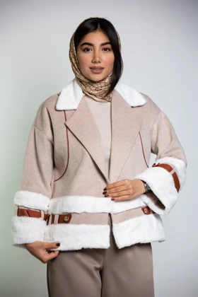 پالتو فوتر کجراه ترکیبی با چرم (کرم روشن)