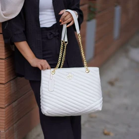 کیف بزرگ زنانه توری برچ Tory Burch Kira Chevron Tote A01 (سفید)