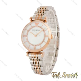 ساعت امپریو آرمانی زنانه دو رنگ رزگلد صفحه سفید نگین‌دار Armani-4403-L