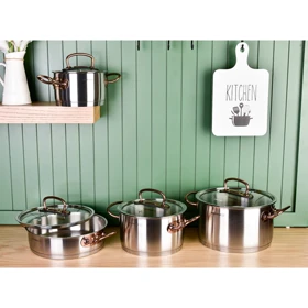 سرویس قابلمه 8 پارچه کرکماز، جنس بدنه استیل، دارای دسته پرچ شده، کفه سه لایه و طراحی مناسب جهت پخش بهتر گرما، مدل پرولاین proline ، سایز قابلمه‌ها 16، 20، 24، سایز تابه دو دسته 24