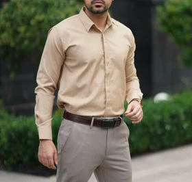 پیراهن آستین بلند موکا کرمی مردانه پارچه ساتن کش شبرو پنبه کپ اسلیم فیت