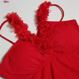 مایو بدون فنر زنانه فیتن مدل گل برجسته پددار قرمز کد 4942-290