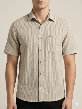 پیراهن مردانه آستین کوتاه راه راه کنفی کرم 713