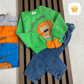 بلوز شلوار جین پسرانه کیفیت عالی برند FIBILO طرح شیر مناسب 1 تا 4 سال