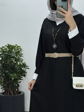 پیراهن مانتویی بلند یقه دار همیلا همراه با کمربند