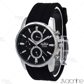 ساعت الکسا پریمیر A0102 مردانه سه موتوره قاب سیلور بند رابر مشکی 106211