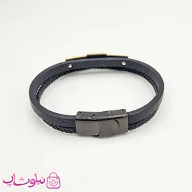 دستبند مردانه چرم و استیل مدل هرمس مشکی طلایی