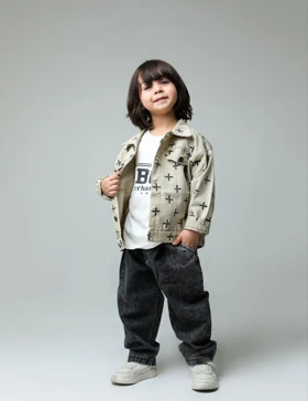 سه تیکه کت تیشرت و شلوار پسرانه رنگ کرم کد 3846