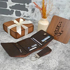 ست هدیه چرم کیف پول چرم جیبی مردانه چرم طبیعی مدل 3لت طرح لیزارد