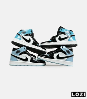 کفش کتانی ساق‌دار مردانه و زنانه آبی سفید مشکی ورنی NIKE jordan 1