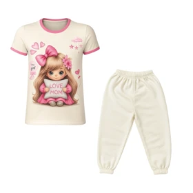 ست تیشرت آستین کوتاه و شلوارک دخترانه مدل پاپیون PJ1173 رنگ شیری