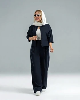 ست کت و شلوار سیلک زنانه مدل شفق (سرمه ای)