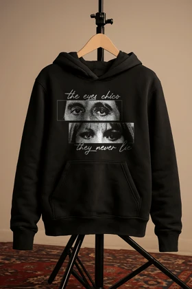 هودی مشکی اسپرت طرح متن eyes chicko they never lie - فواصل