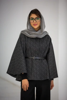 پالتو پانچ ژاکارد کمربنددار (مشکی)