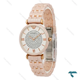 ساعت مچی امپریو آرمانی زنانه سرامیکی صورتی صفحه نگینی Armani-8570-L