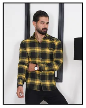 پیراهن چهارخانه پارچه پشمی طرح جذاب مشکی خردلی