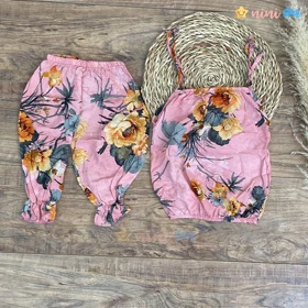 تاپ شلوارک نخی صورتی گل نارنجی