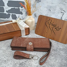 ست هدیه چرم کیف پول چرم مردانه دستی چرم طبیعی جاموبایلی دار طرح پتینه عسلی