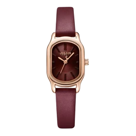 ساعت مچی زنانه جولیوس مدل JA-1112D با قاب رزگلد و بند چرمی زرشکی