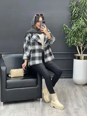 پالتو چهارخونه تک دکمه بغل چاک