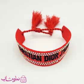 دستبند دخترانه پارچه ای کریستین دیور نگین‌دار قرمز مشکی