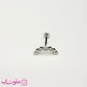 پیرسینگ گوش استیل مدل تاج نگین‌دار سفید نقره ای