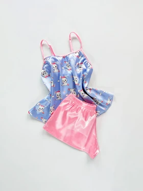 ست لباس خواب تاپ و شورتک ساتن طرح خرگوش