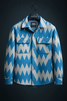 کت فوتر پشمی با طرح هندسی مدرن داری (ترکیب رنگ مشکی، بنفش و آبی با پترن‌های زاویه‌دار) سنگین‌وزن کپی