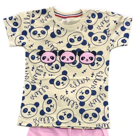 ست تیشرت آستین کوتاه و شلوار دخترانه مدل پاندا کد PJ1064 رنگ کرم