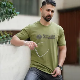 تیشرت مردانه Bershka برشکا رنگ سبز نخ پنبه آستین و یقه کشی