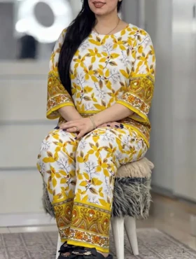بلوز و شلوار نخی شیوان 7594 (زرد)