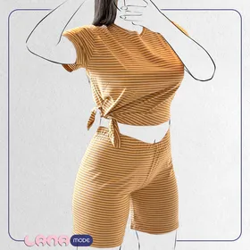 ست کراپ شرتک پنبه سوپر لاکرا گره‌ای رنگ کرمی راه راه