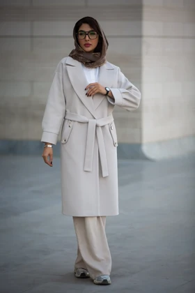 پالتو بلند جیب دکمه دار (کرم روشن)